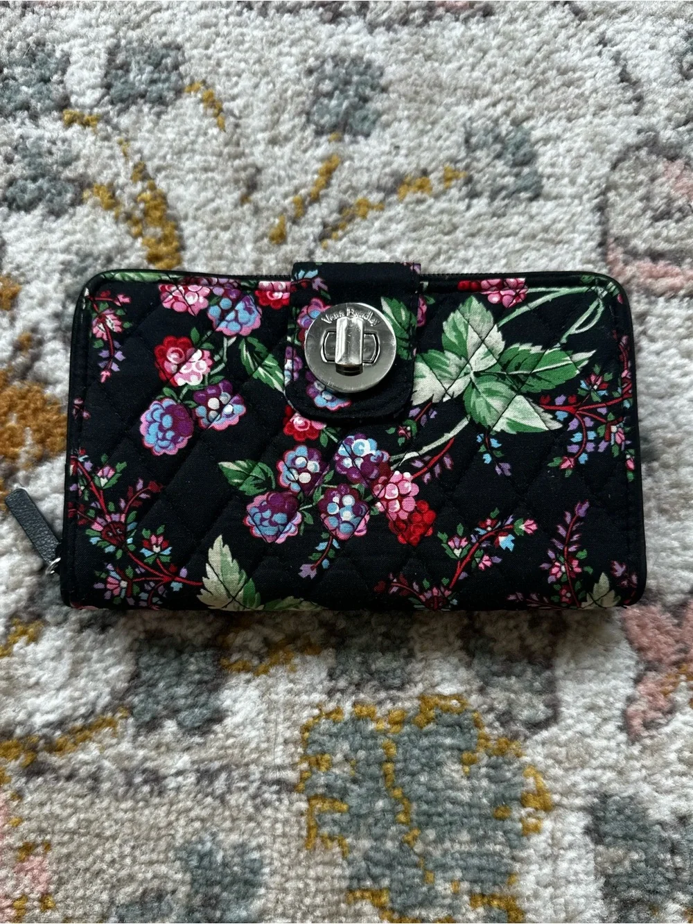 Vera Bradley Winter Berry Floral Turn Lock Wallet Retired Black